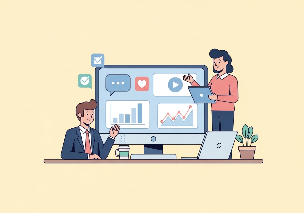 Digital illustration of two professionals managing a small business social media marketing campaign on a large screen.