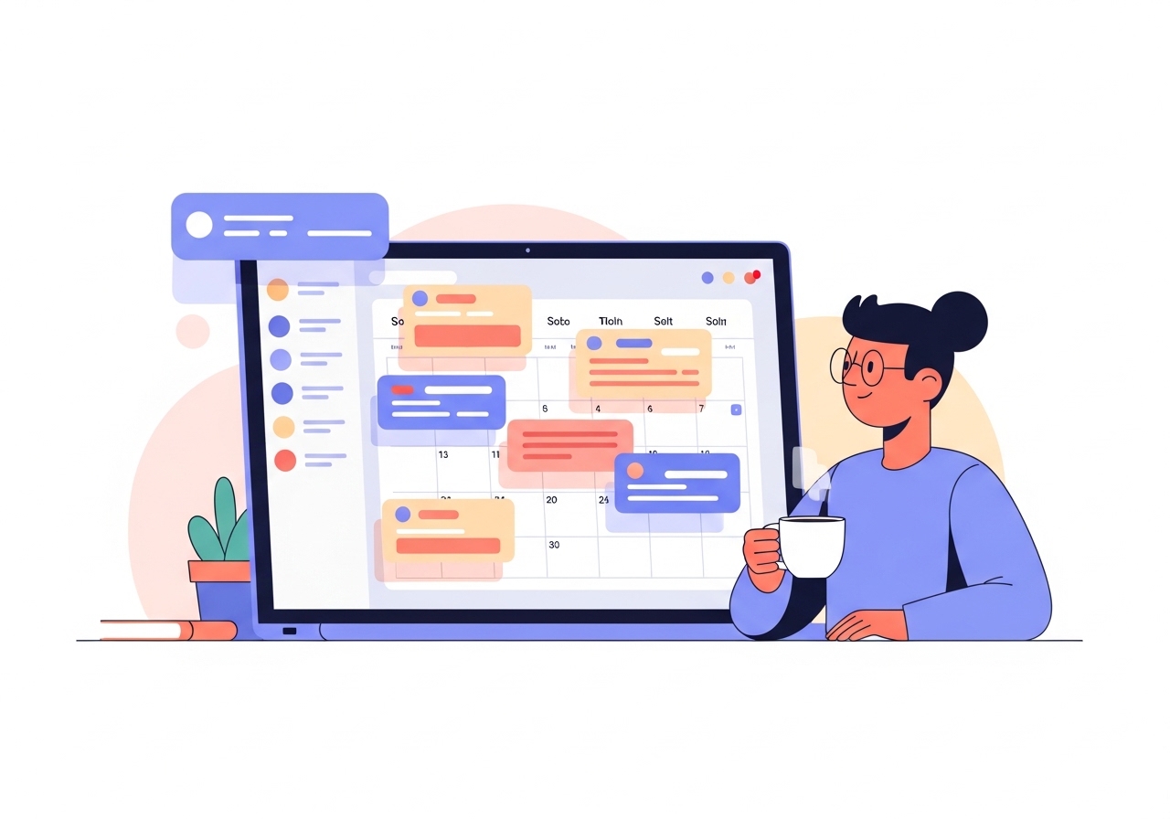 Illustration showing social media marketing automation with a content calendar being populated automatically.