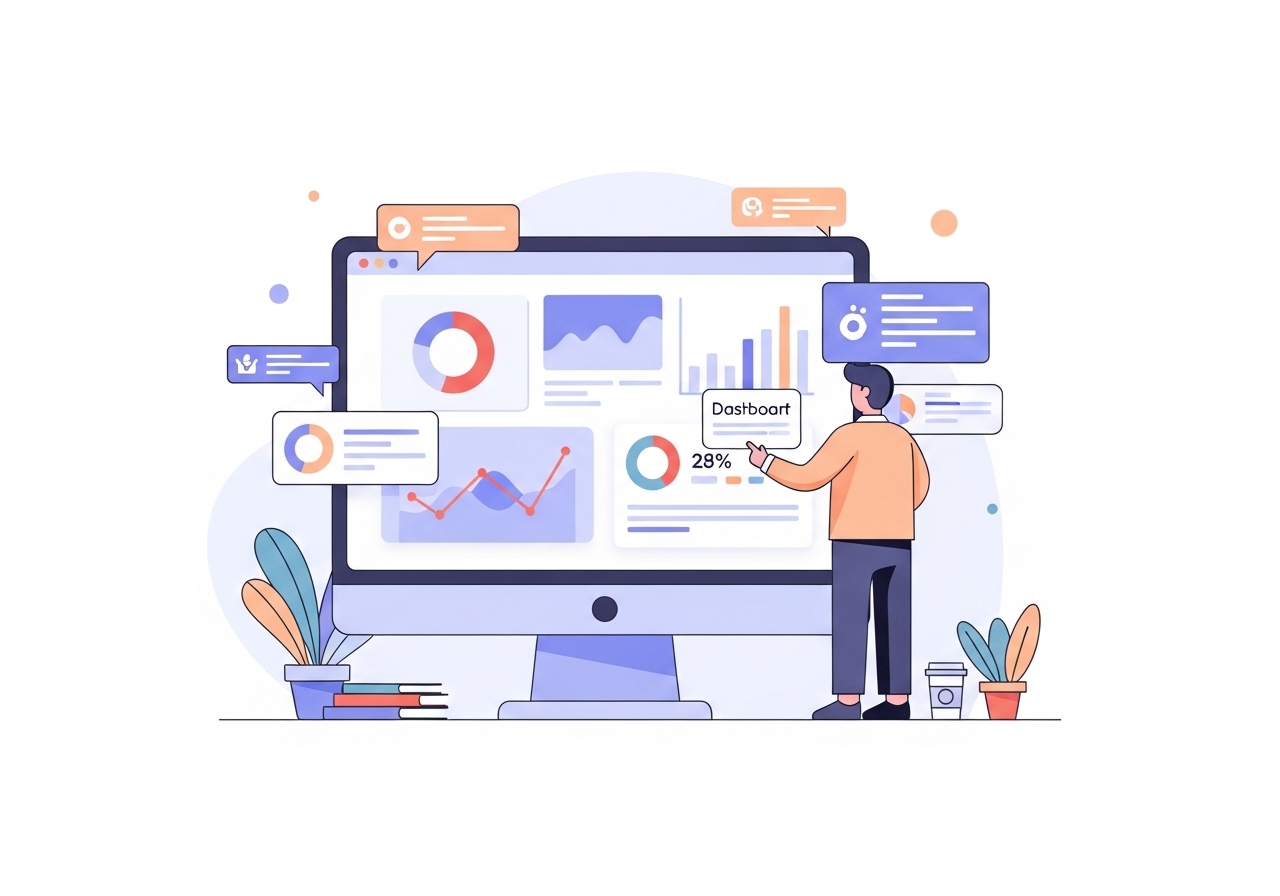 Illustration of a marketer tracking key performance indicators for a social media campaign on a dashboard.