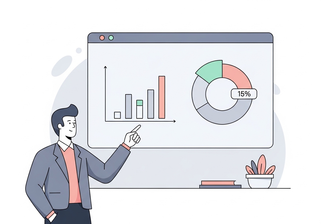 Vector illustration of a professional presenting surprising statistics on a screen to demonstrate the power of data-driven hooks.