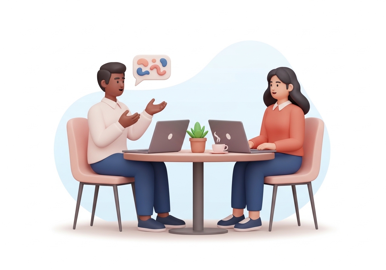 An illustration of two people connecting over a story, representing the use of anecdotes as content hooks.
