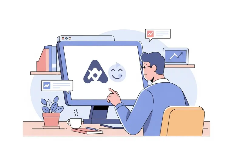 An illustration showing a marketer analyzing subtle messages hidden within a brand logo on a computer screen.