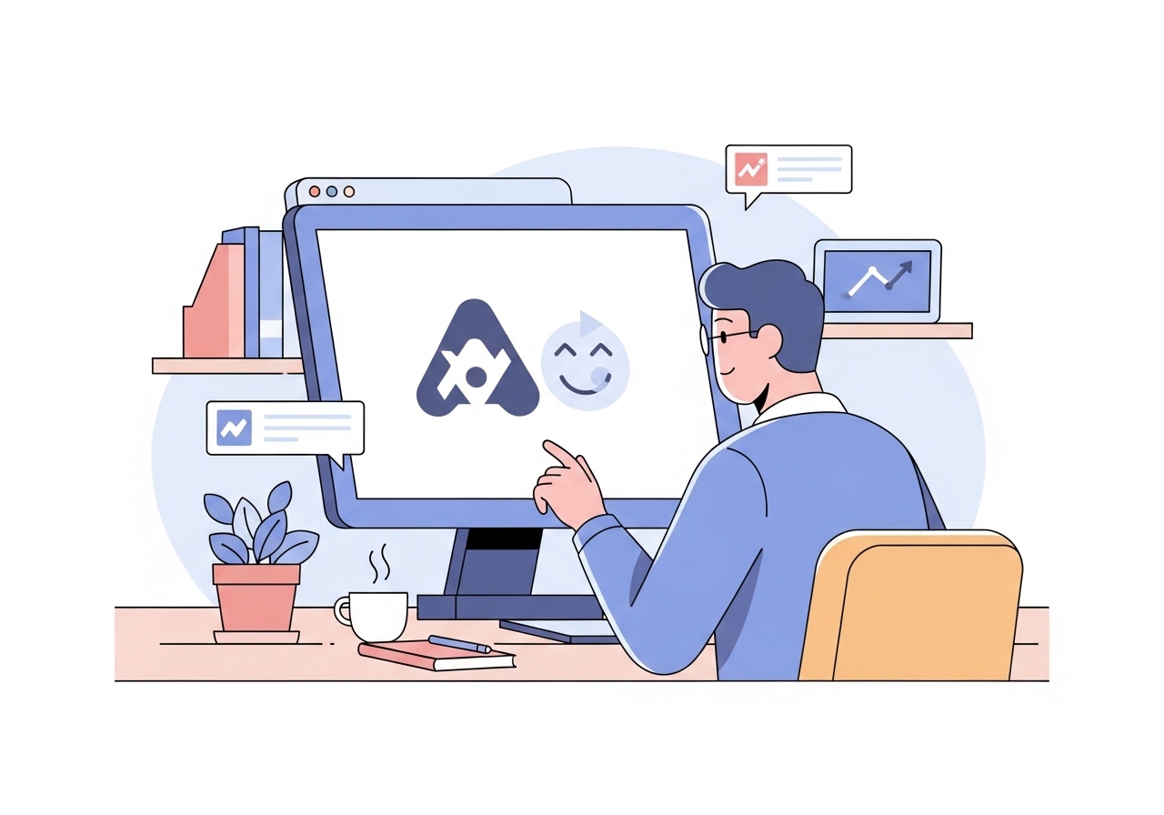 An illustration showing a marketer analyzing subtle messages hidden within a brand logo on a computer screen.
