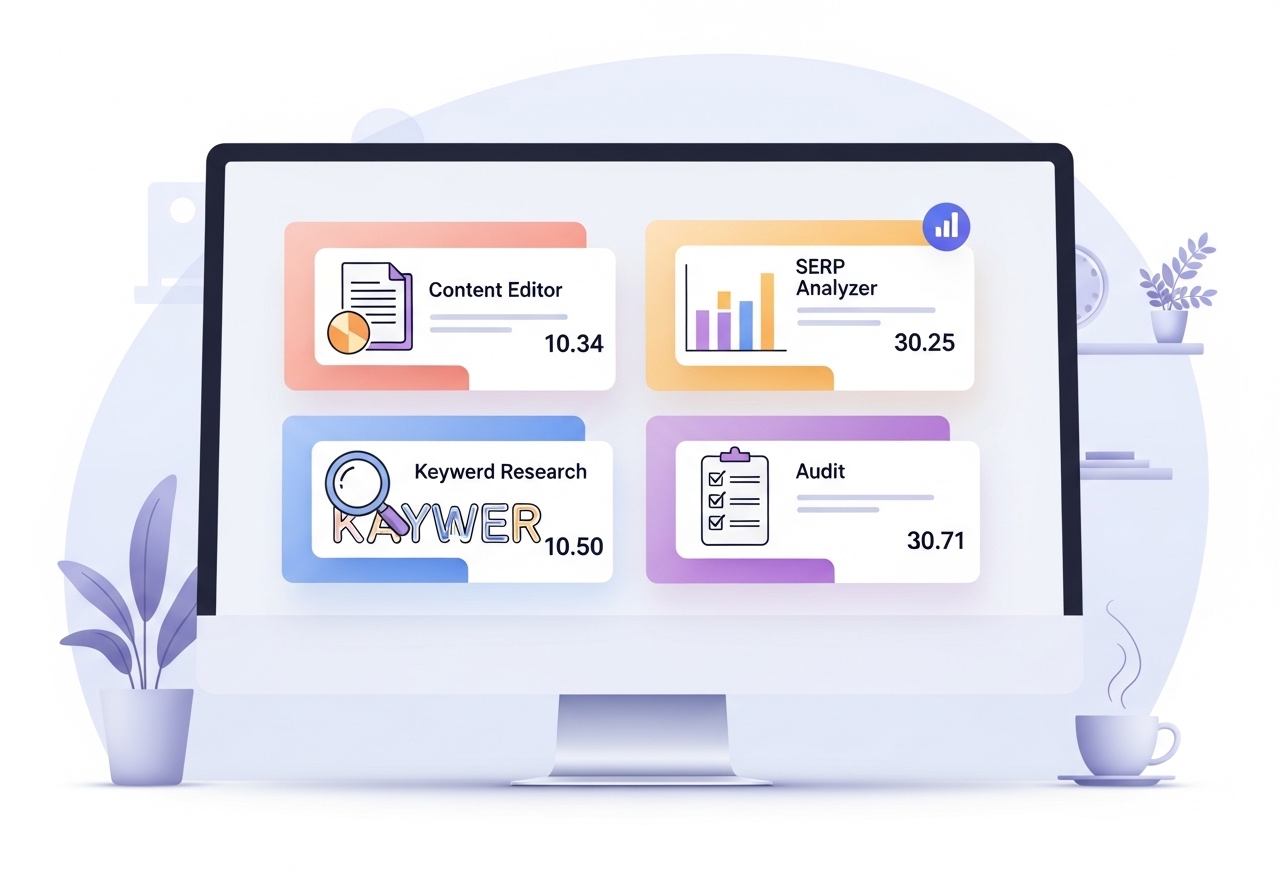 Illustration highlighting the key features of the Surfer SEO platform, including the Content Editor and SERP Analyzer.