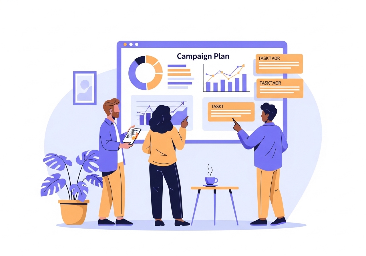 An illustration of a marketing team collaborating on what is a marketing campaign, planning strategy on a digital whiteboard.