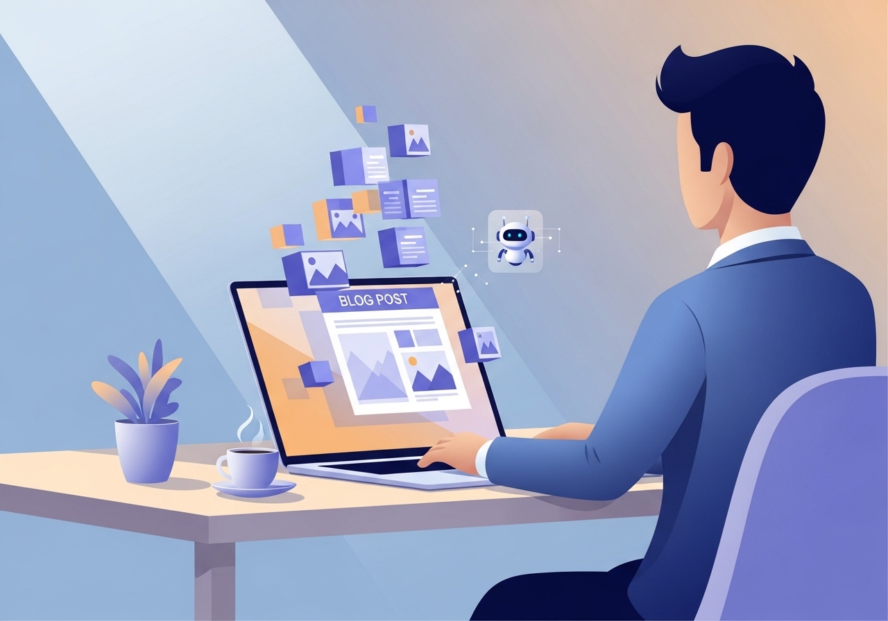 An illustration of a marketing professional using AI writing tools on a laptop to create content efficiently.