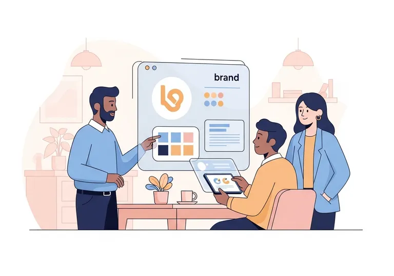 An illustration showing a team working together on a brand marketing strategy, with icons representing brand identity.