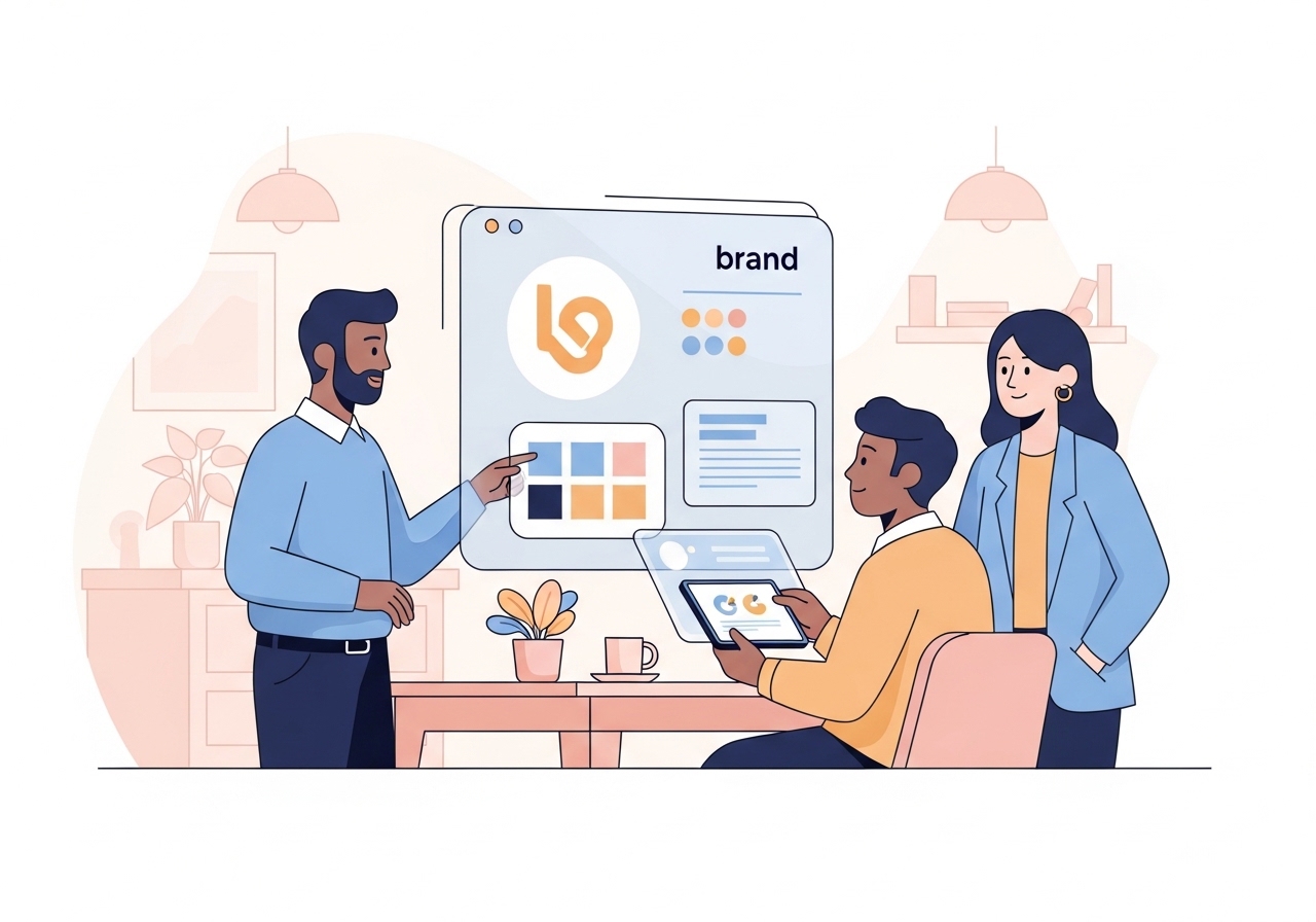 An illustration showing a team working together on a brand marketing strategy, with icons representing brand identity.