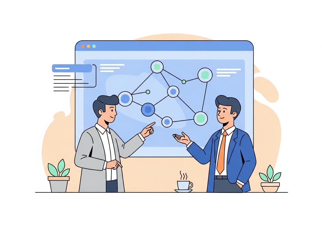 An illustration showing two professionals analyzing a network graph, representing the strategic process of business development.