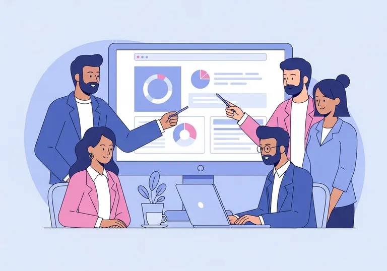 An illustration showing a professional team discussing digital etiquette best practices in a modern office.