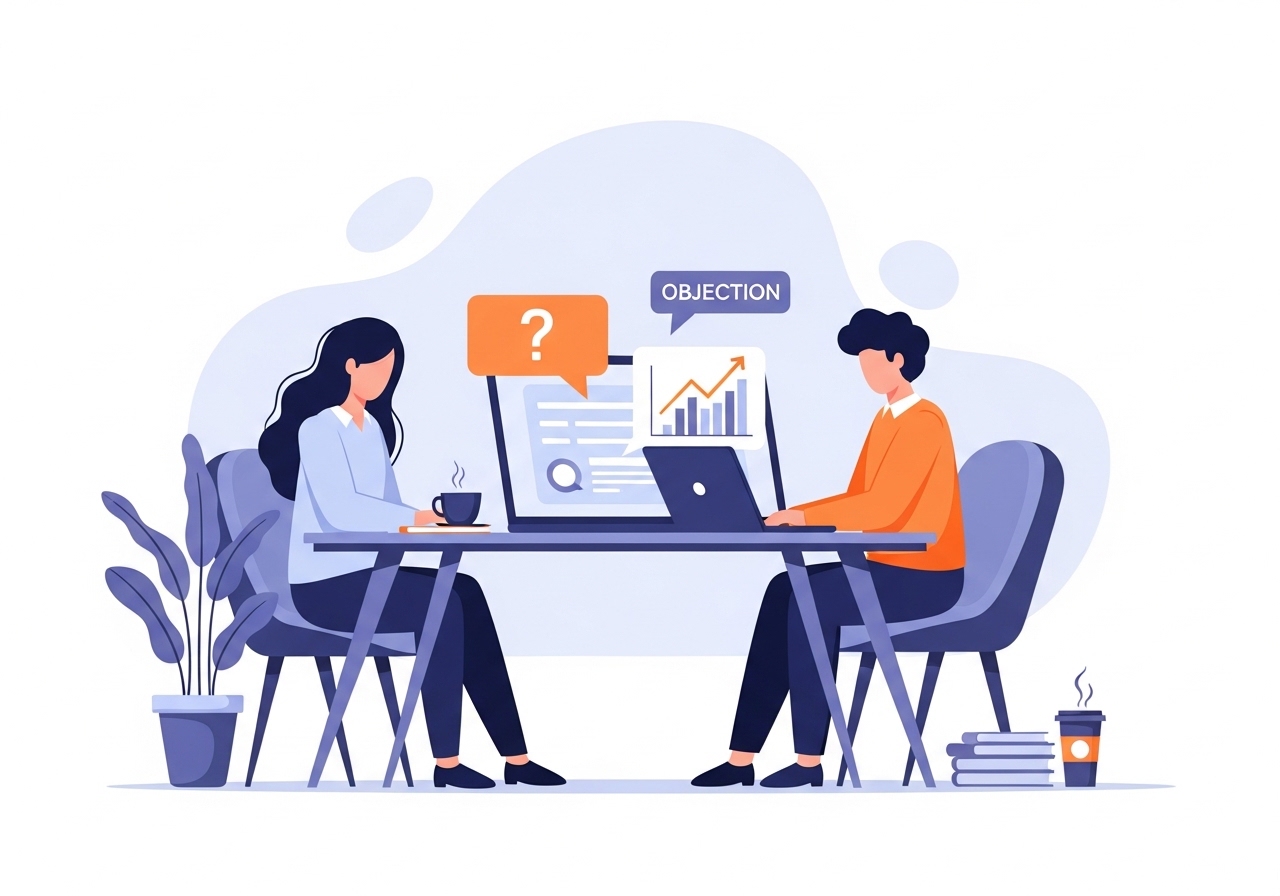 An illustration of two marketing professionals using a laptop to discuss a rebuttal in writing, with icons showing a question and a data-driven answer.