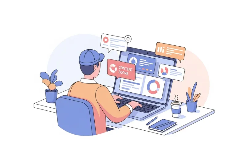 Illustration of a marketer using Surfer SEO on a laptop to improve content for higher search rankings.