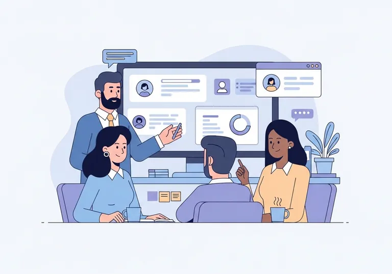 A vector illustration showing a team collaborating on an account management strategy using a central dashboard.