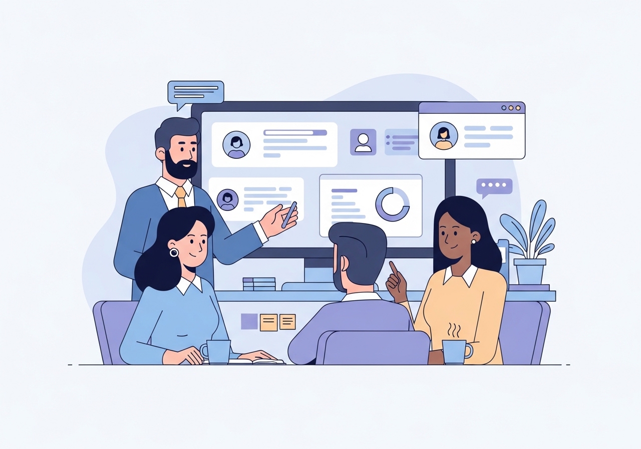 A vector illustration showing a team collaborating on an account management strategy using a central dashboard.