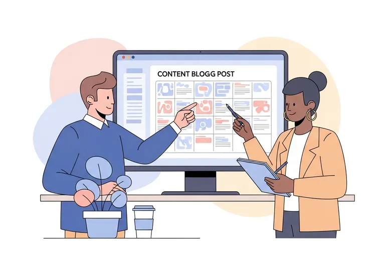 Illustration of a marketing team using an AI blog writer to manage their content calendar on a large monitor.