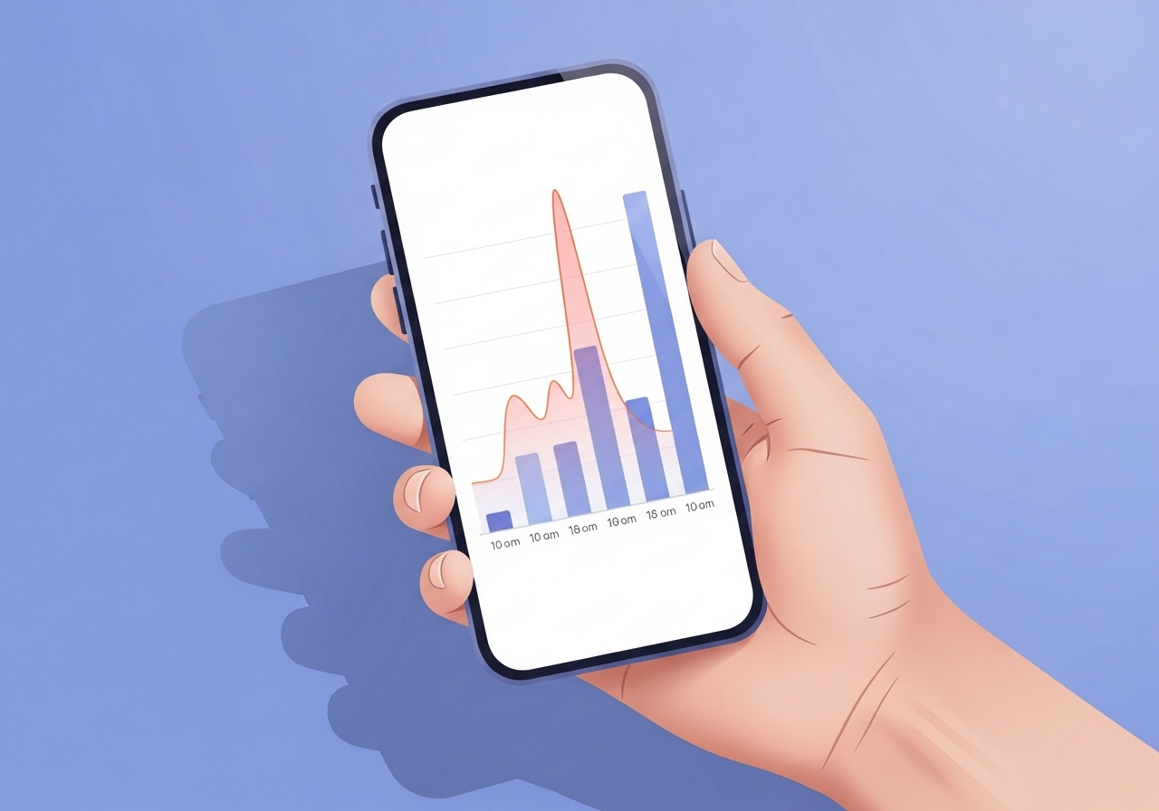 Illustration showing a bar chart of peak audience engagement times on a mobile analytics dashboard.