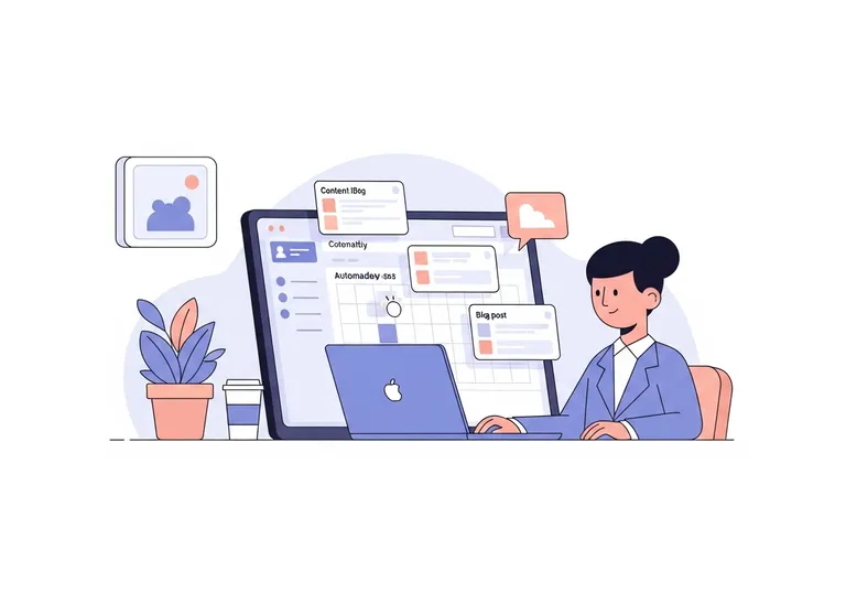 A digital illustration showing how to automate content creation with an AI-powered content calendar on a laptop screen.