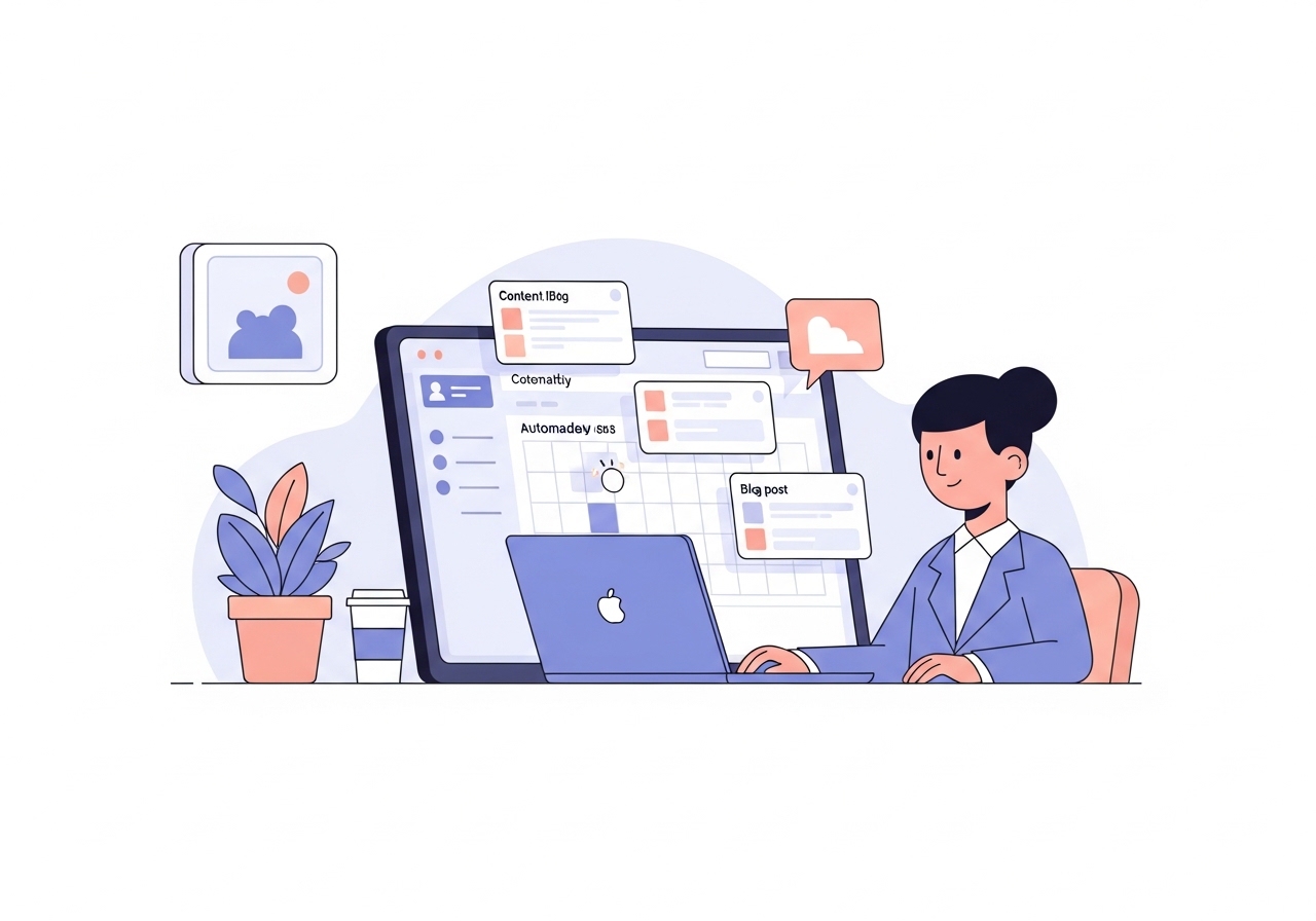 A digital illustration showing how to automate content creation with an AI-powered content calendar on a laptop screen.