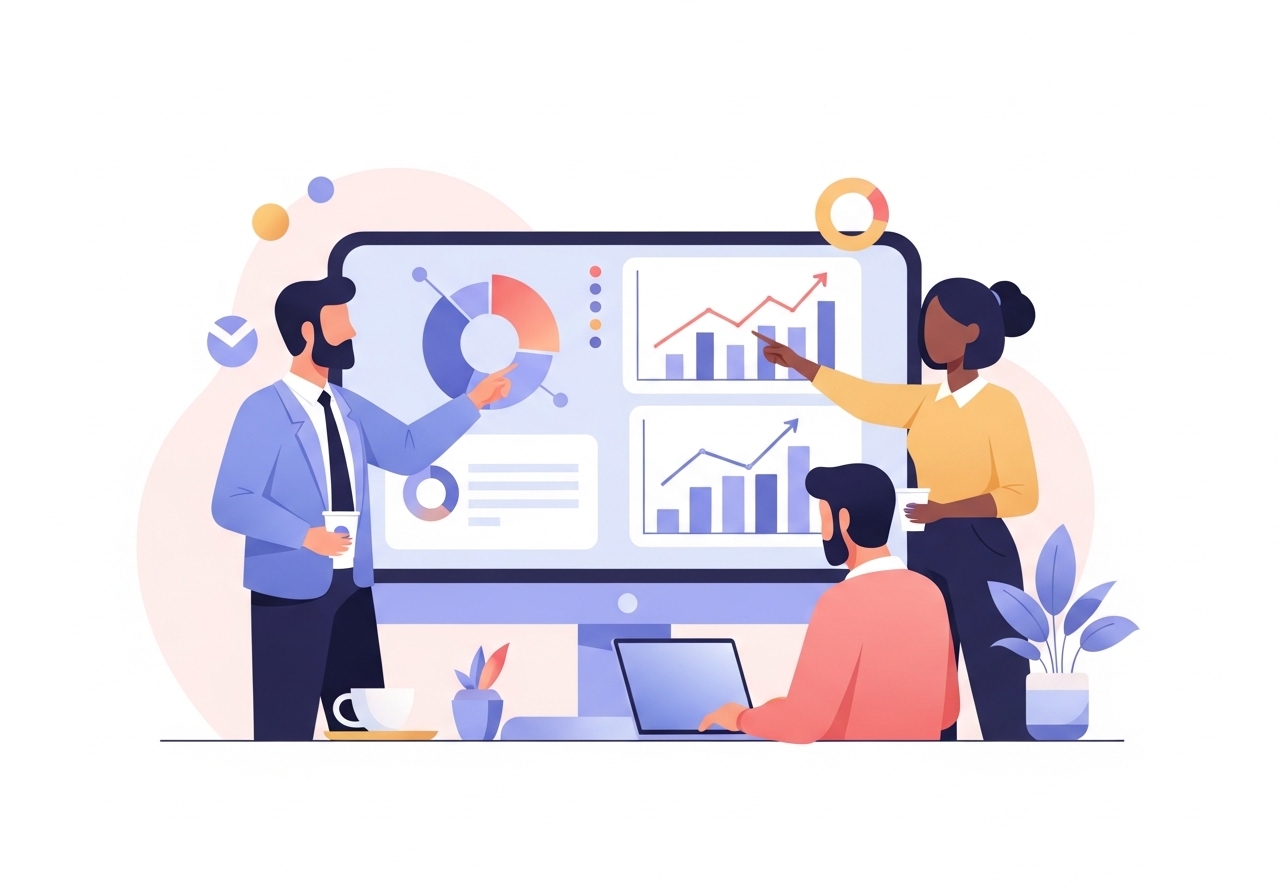 Digital illustration of a team collaborating on B2B lead generation strategies using a monitor with growth charts.