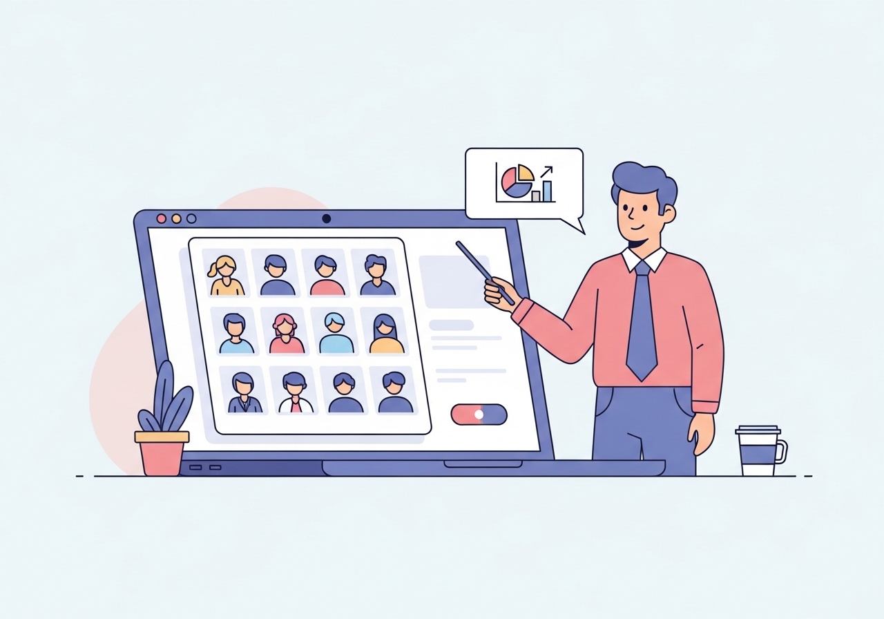 Illustration of a professional hosting a webinar on a laptop to generate qualified B2B leads.