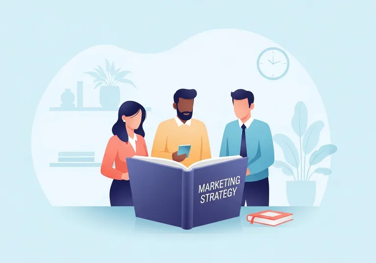 An illustration of marketers discussing the best marketing books to inform their strategy.