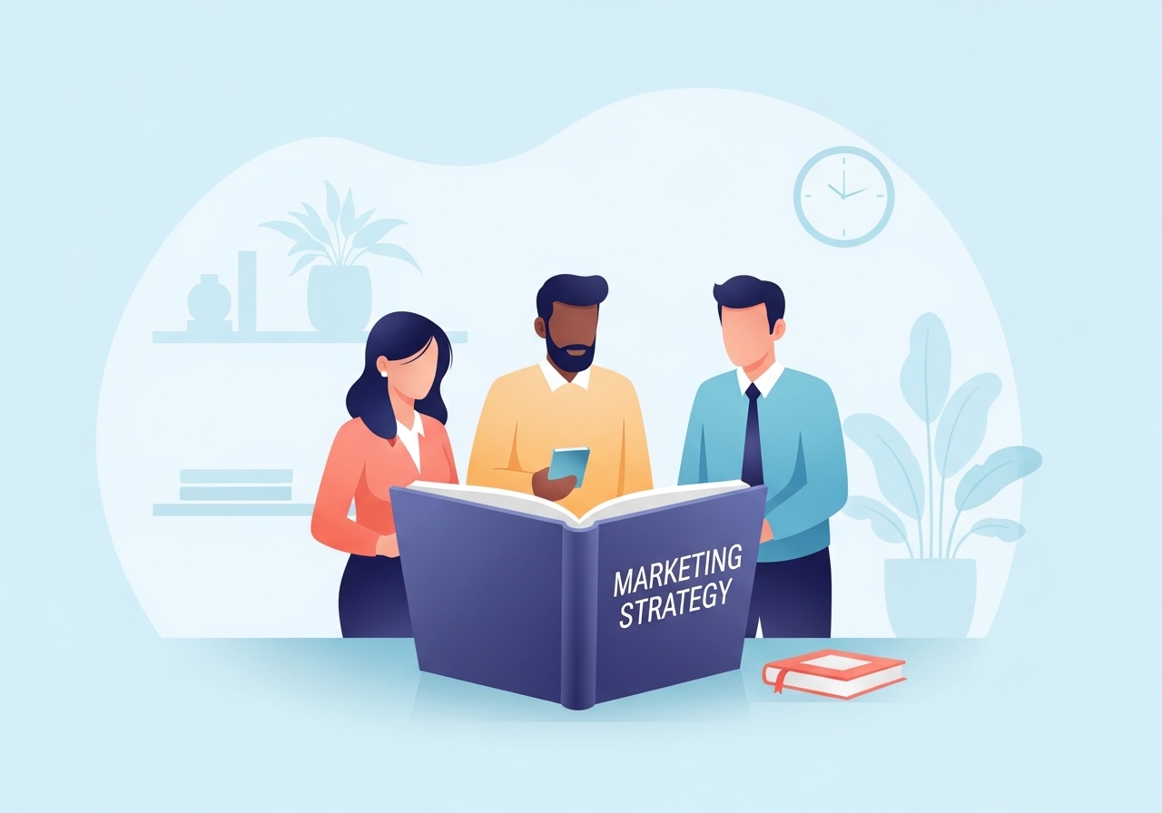 An illustration of marketers discussing the best marketing books to inform their strategy.