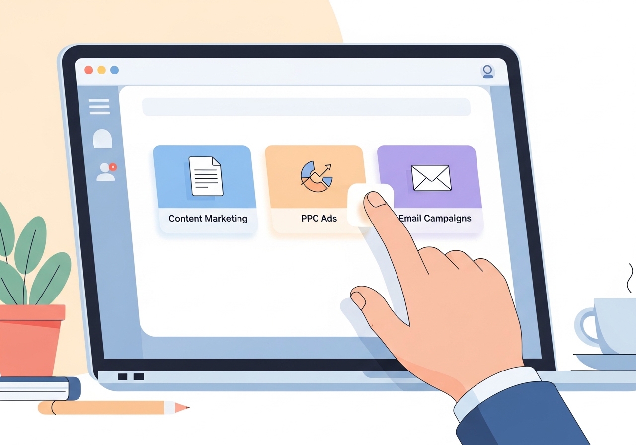 An illustration of a dashboard with different marketing tactics, such as content marketing and PPC ads, ready to be selected.
