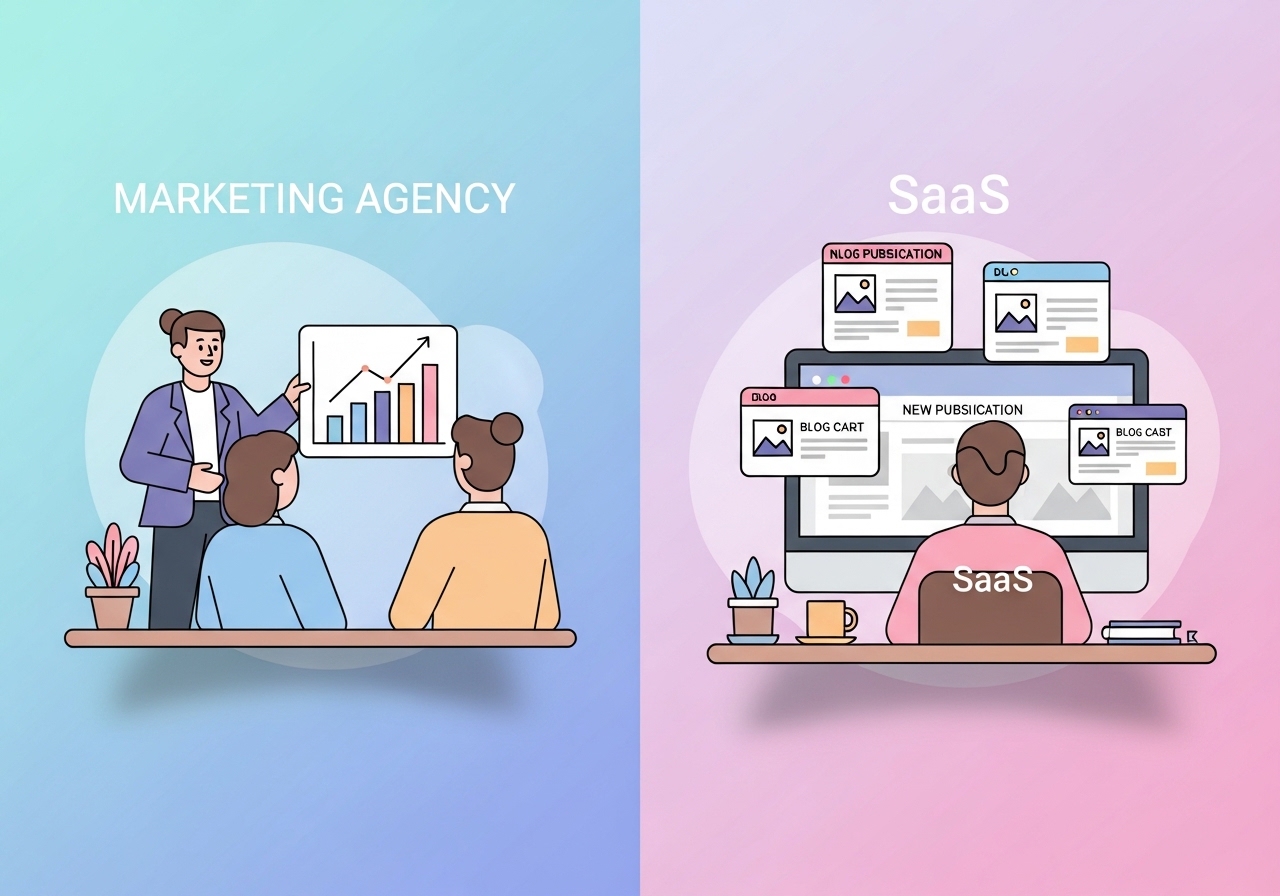 Illustration of marketing agencies and SaaS teams benefiting from automated content creation.