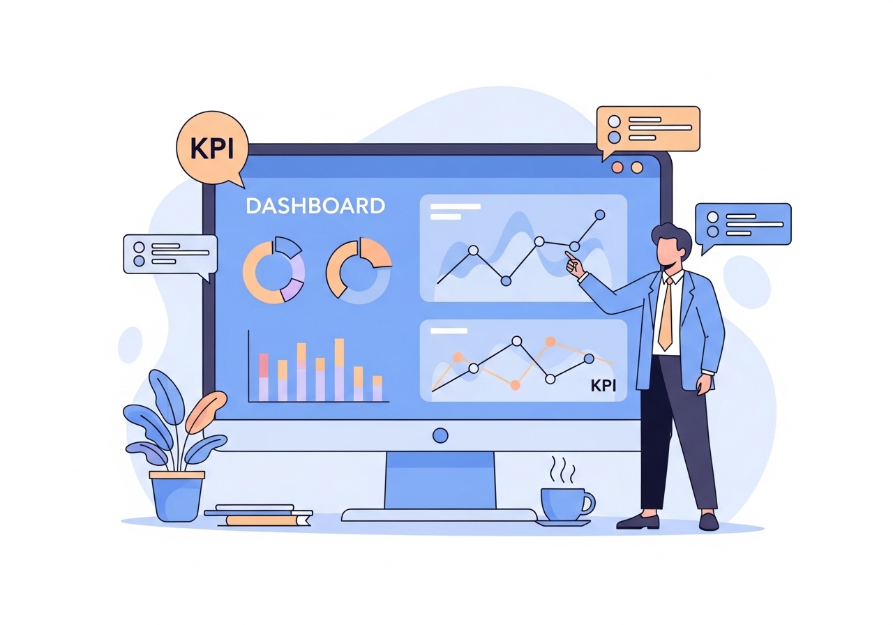 An illustration of a marketing dashboard showing positive ROI and lead generation metrics, relevant to a digital marketing manager's resume.