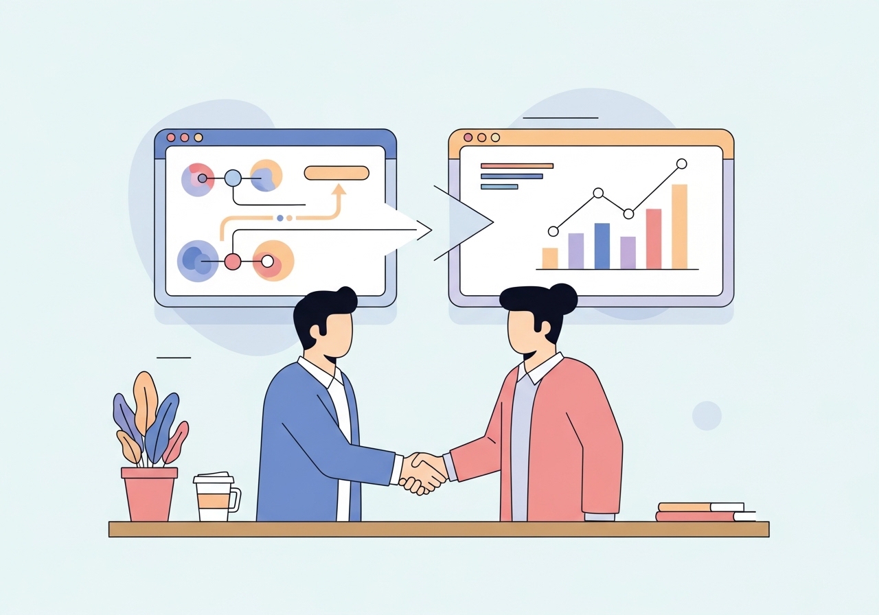 Illustration of a strategic business acquisition in the digital media technology sector, showing two entities merging.
