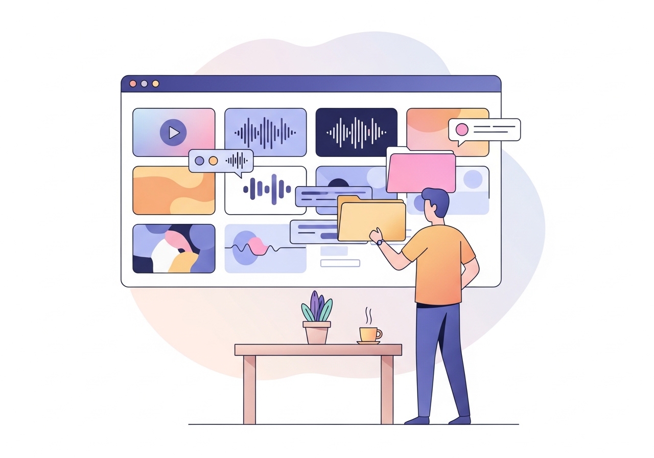 Vector illustration of a media manager organizing digital video and audio files in a cloud-based asset management system.