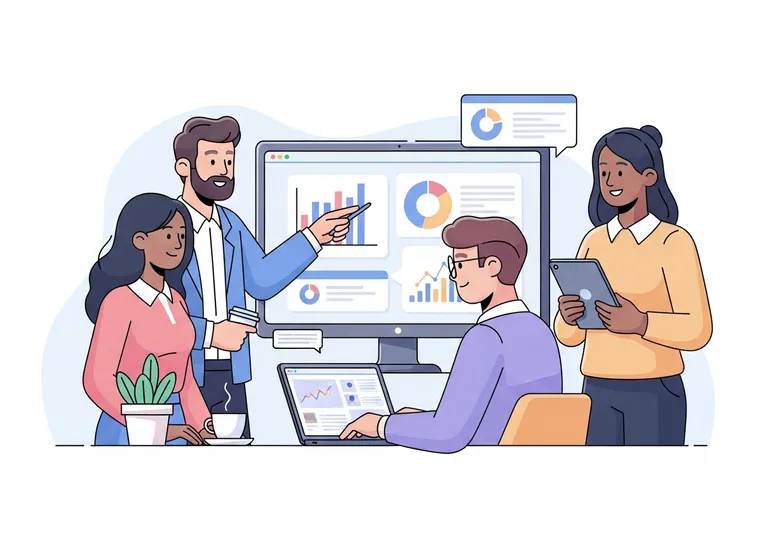 Illustration of a team discussing digital media positions and strategy in a modern office.