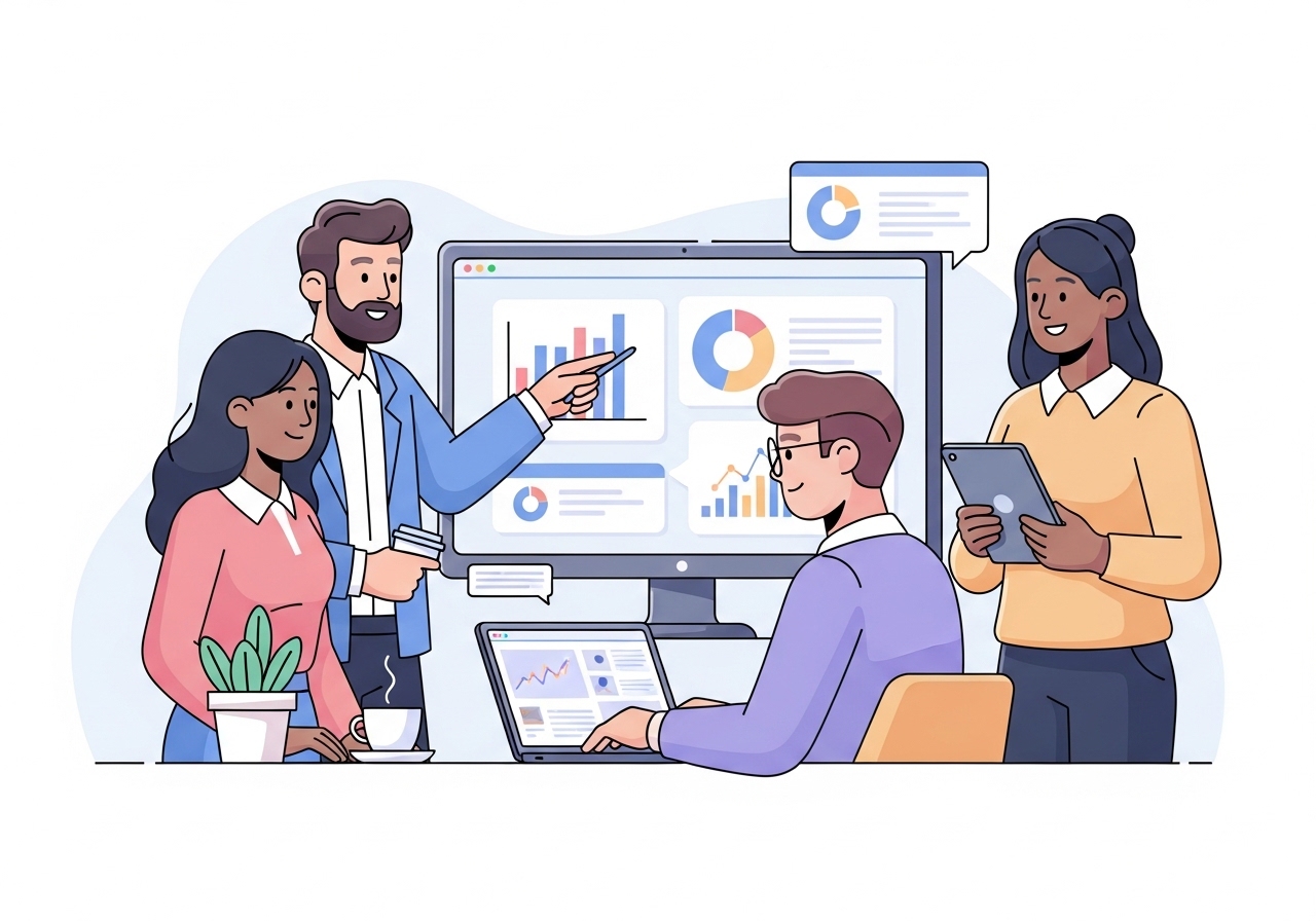 Illustration of a team discussing digital media positions and strategy in a modern office.