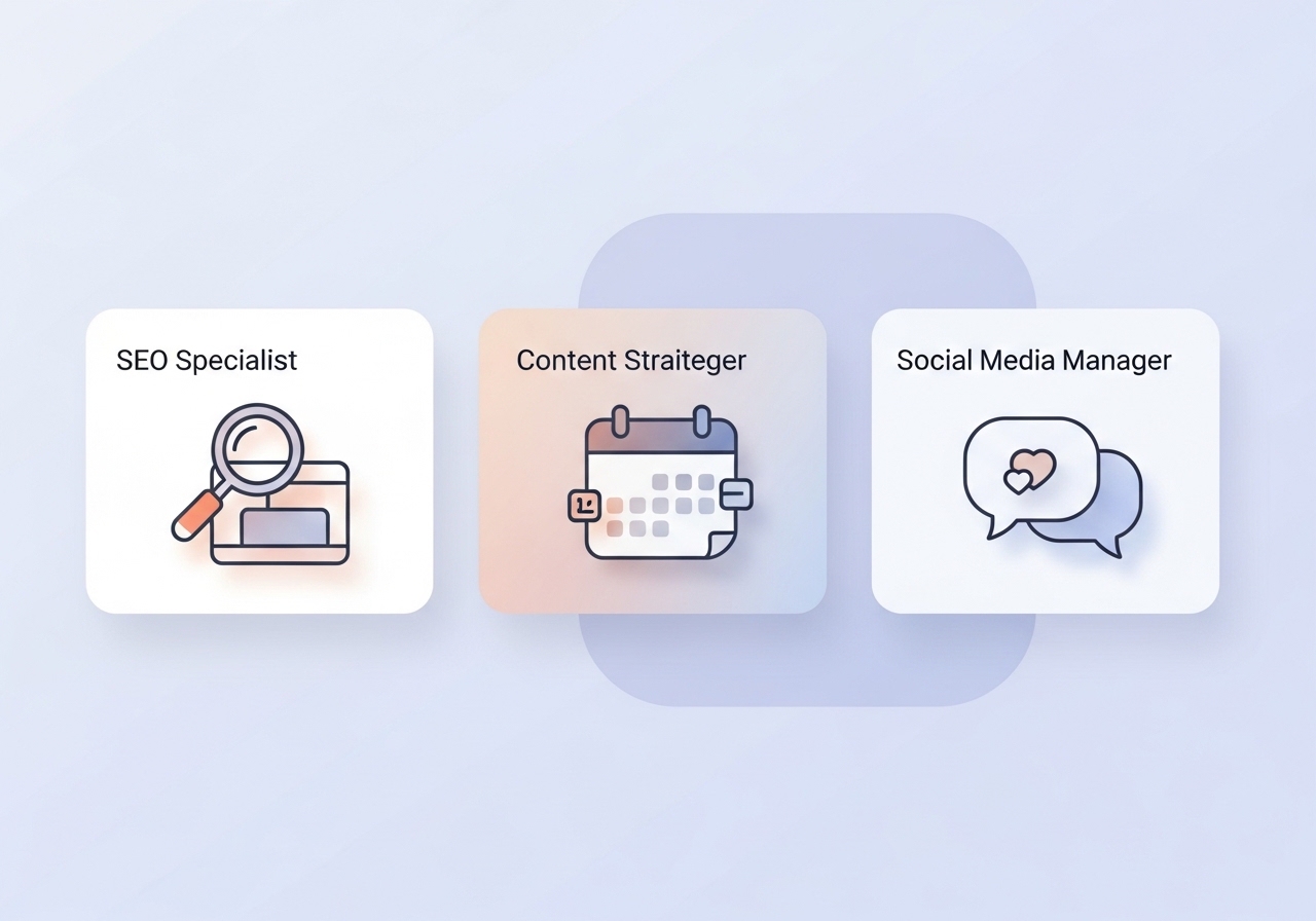 Icons representing core digital media positions like SEO, content strategy, and social media.