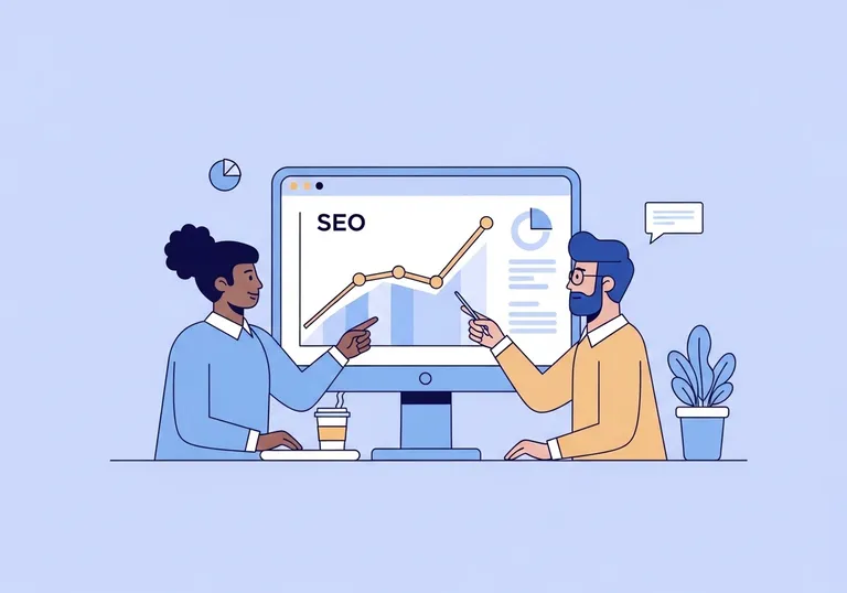 Illustration of marketing professionals analyzing a chart showing how to boost SEO performance on a large screen.