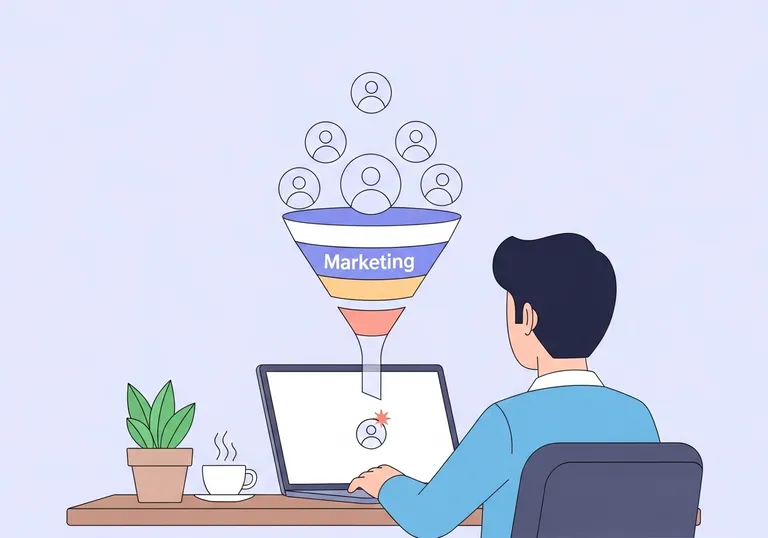A vector illustration showing a marketer crafting a lead through a marketing funnel on a laptop screen.