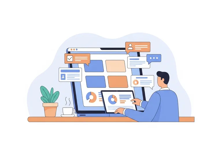 An illustration of a content marketer at a desk improving their writing craft, with a laptop showing well-structured content.