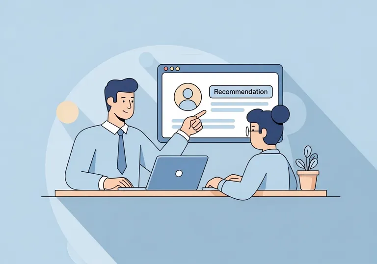 Illustration of professionals writing a recommendation for a LinkedIn profile on a laptop.