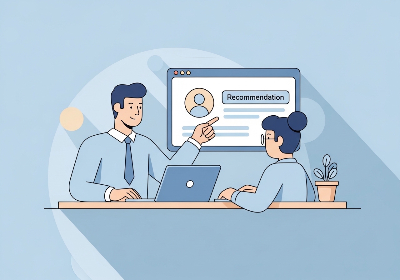 Illustration of professionals writing a recommendation for a LinkedIn profile on a laptop.