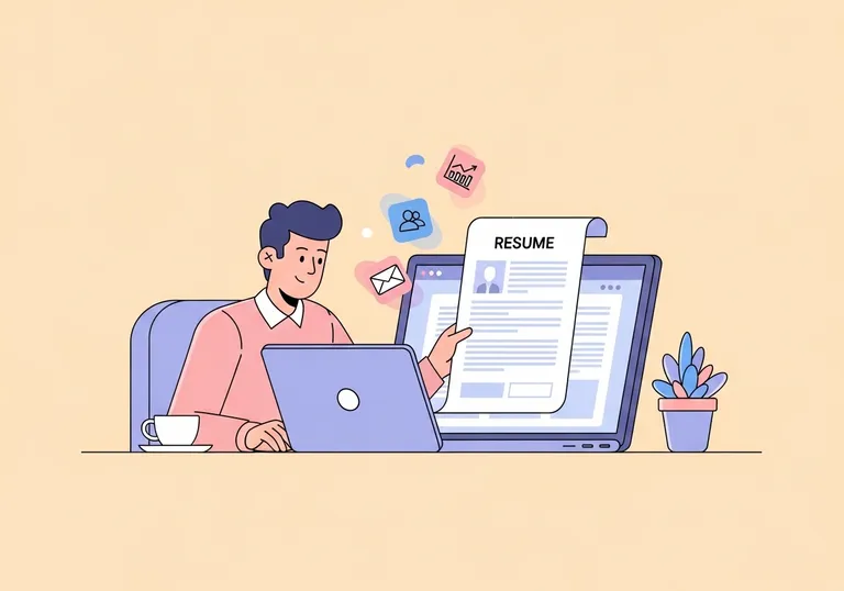 An illustration of a marketer looking at marketing resume examples on a laptop to improve their own document.