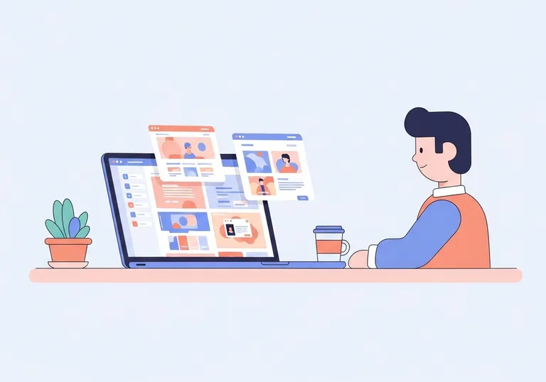 Digital illustration of a creative professional reviewing portfolio website examples on a laptop.