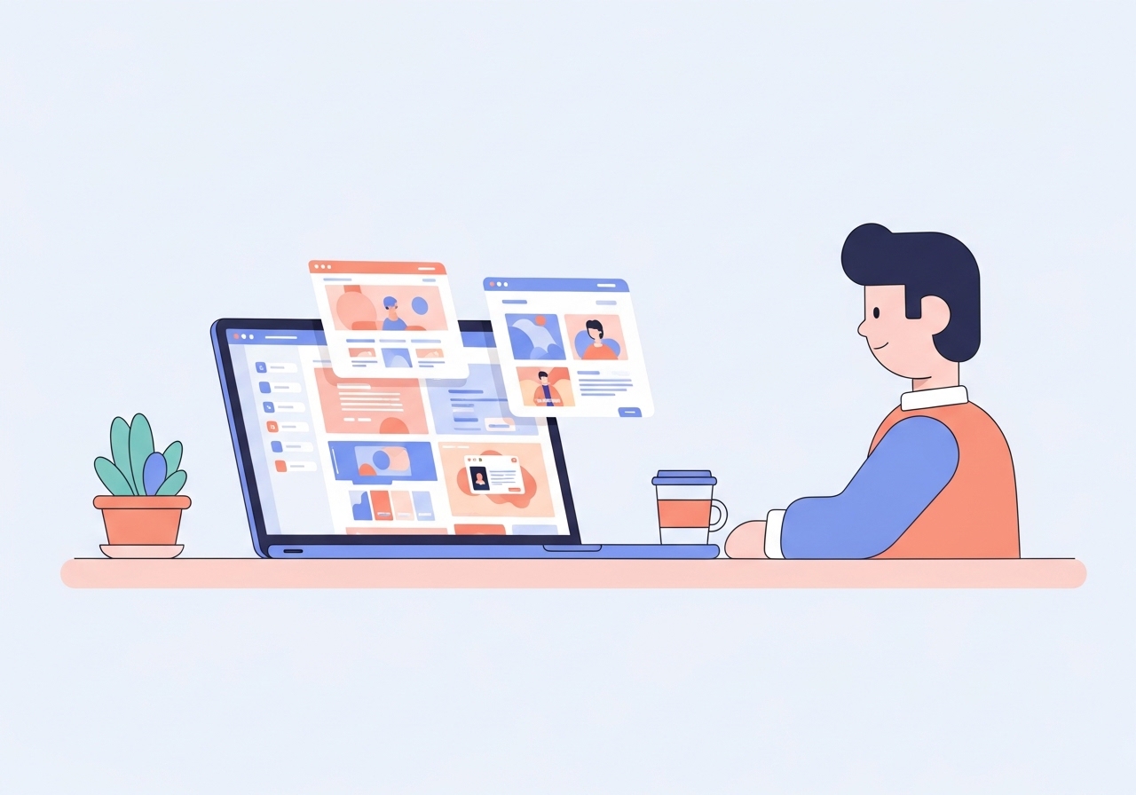 Digital illustration of a creative professional reviewing portfolio website examples on a laptop.