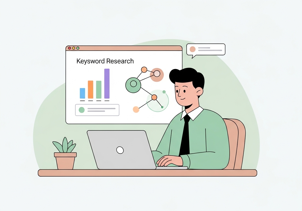 Vector illustration of a content strategist performing keyword research to help boost SEO.