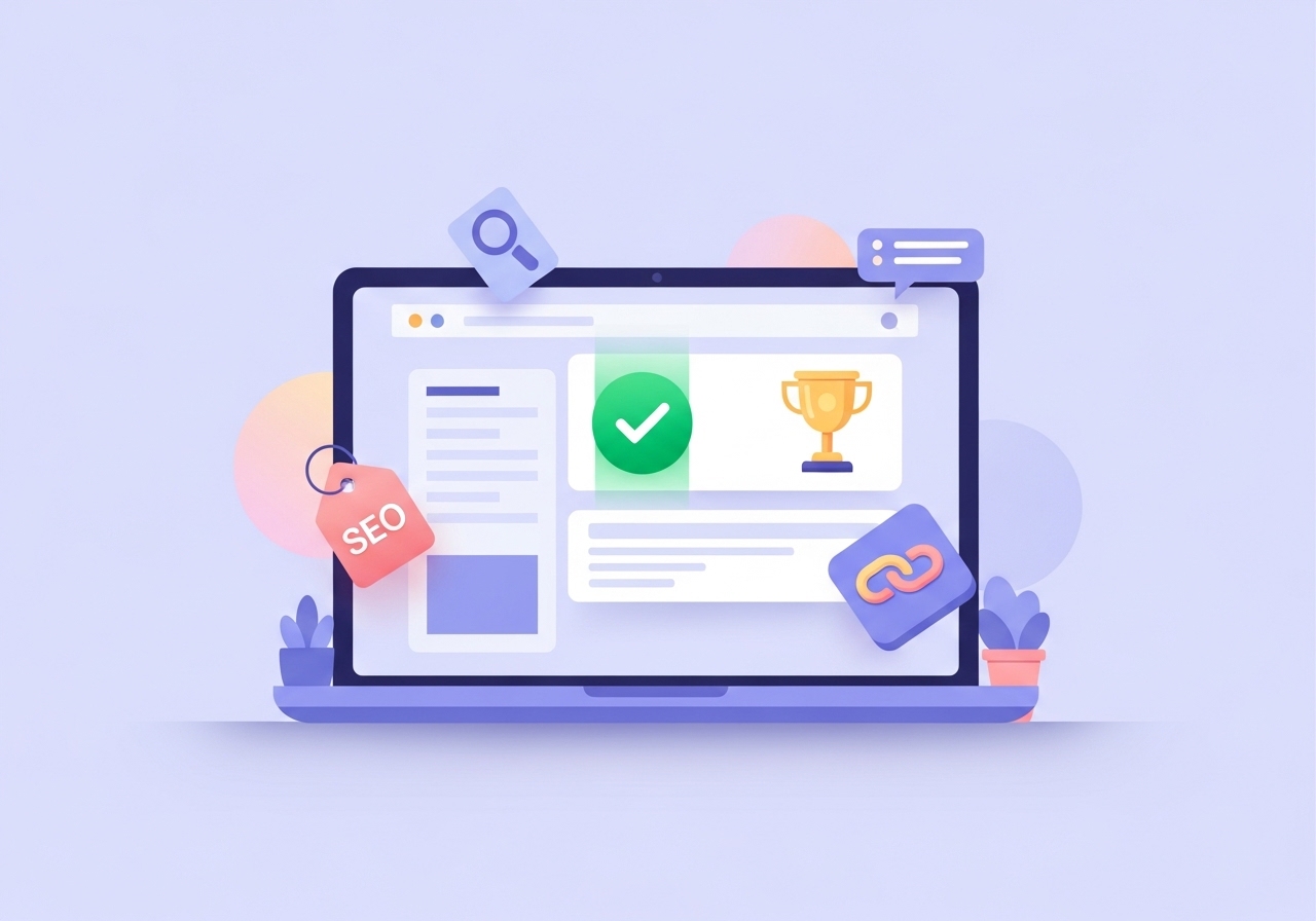 A vector illustration symbolizing SEO success, with a top-ranking search result highlighted on a screen, ideal for an SEO specialist resume.