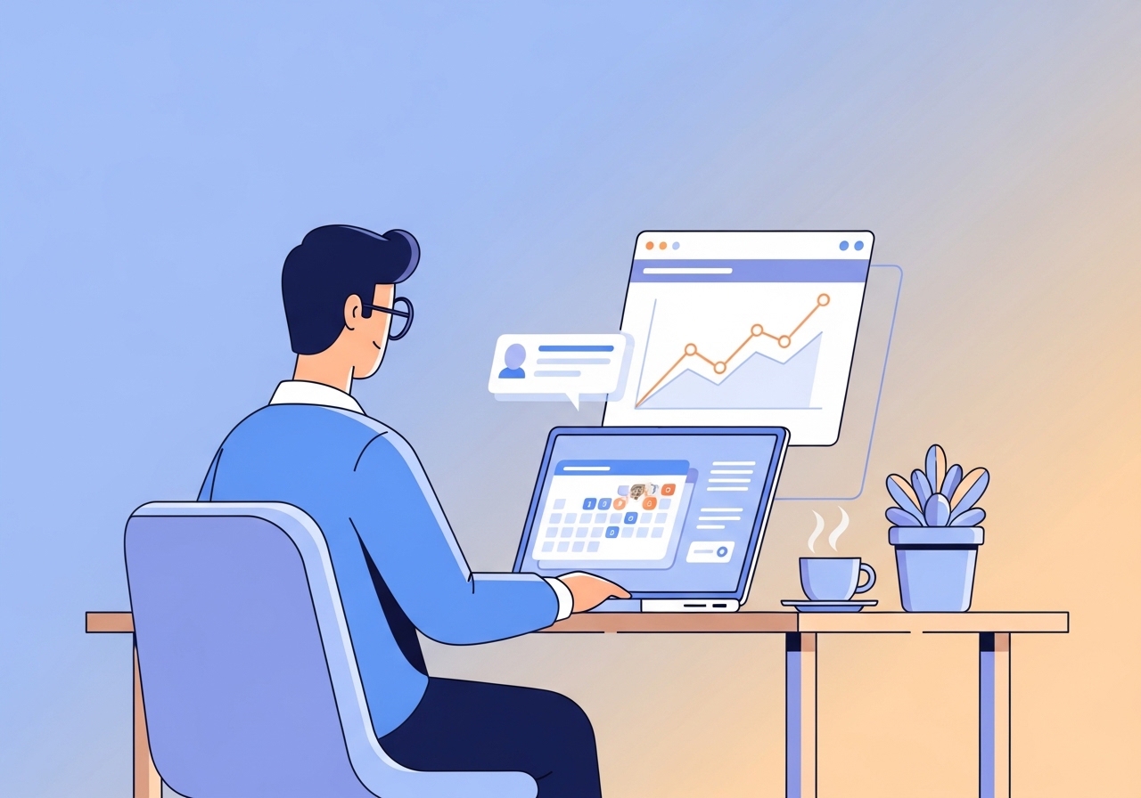 Illustration of a marketer planning their SEO timing using a calendar and analytics graph on a laptop.