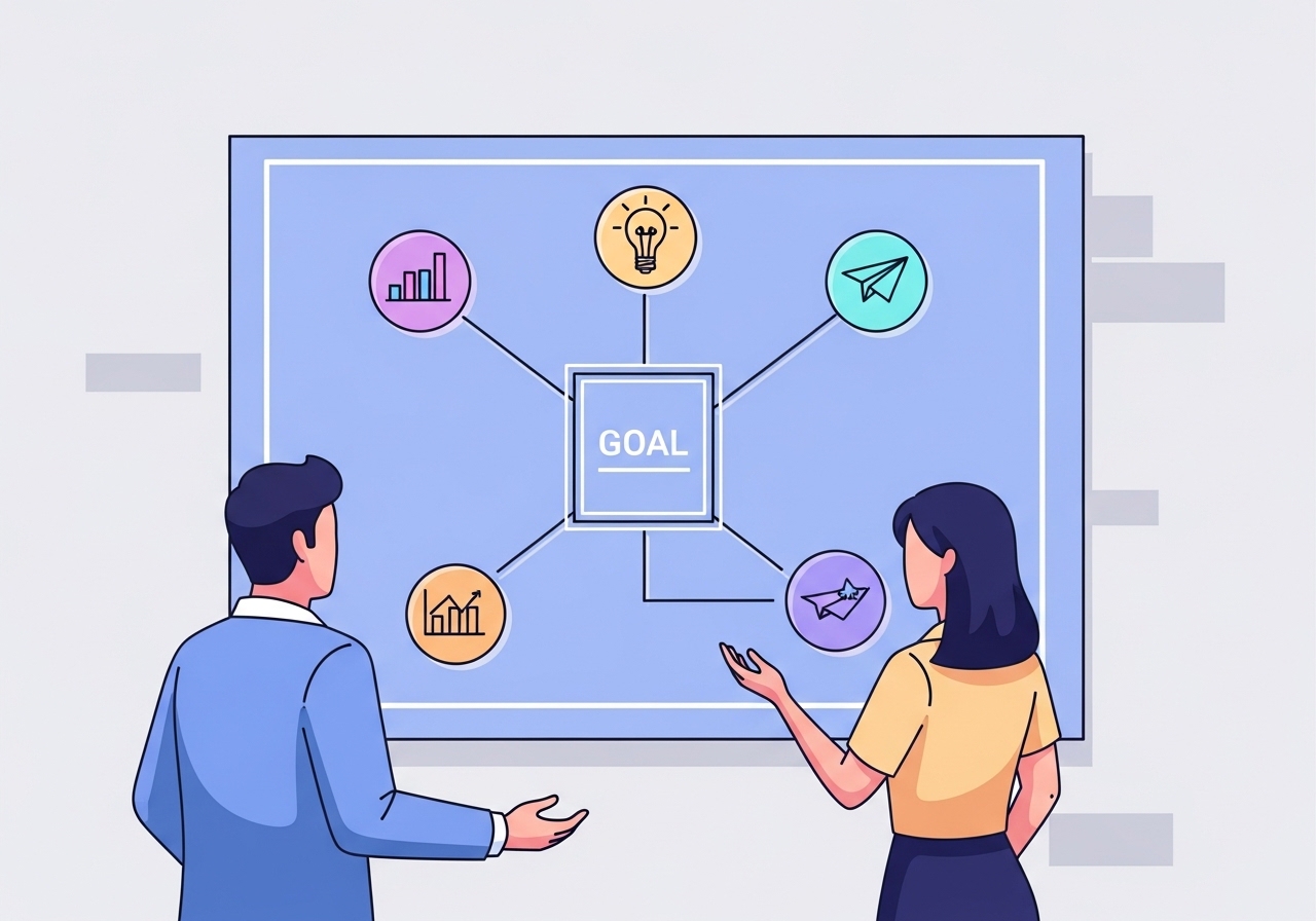 An illustration showing the difference between strategy vs tactics, with a large blueprint representing the plan and smaller icons representing the actions.