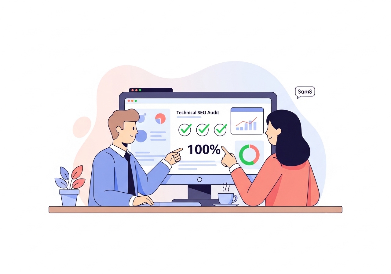 Illustration of a team conducting a technical SEO audit and reviewing a website health dashboard.