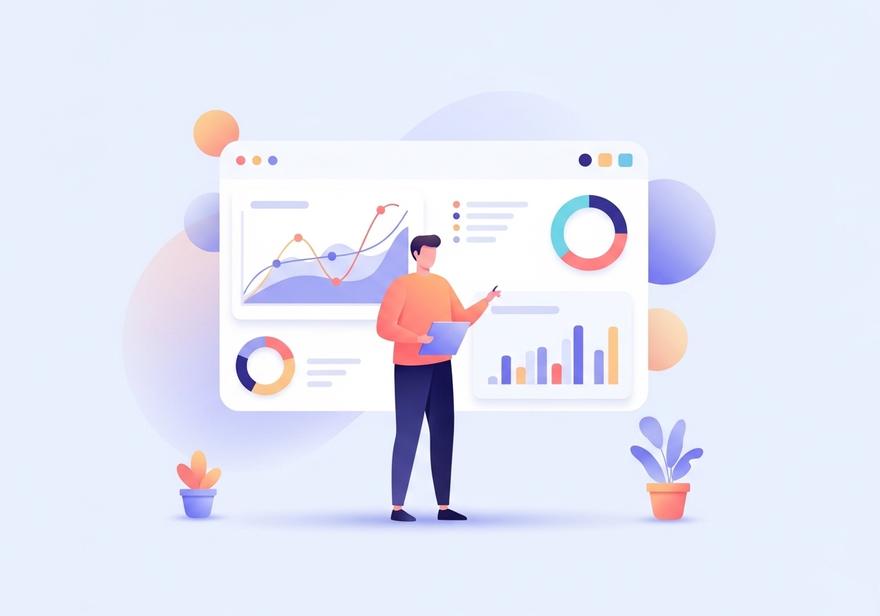A vector illustration of an account manager tracking key client metrics on a digital dashboard.