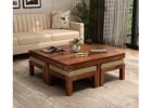 Reid Sheesham Wood Coffee Table with Four Cushioned Stools (Honey Finish)