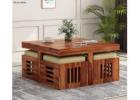Petlin Sheesham Wood Coffee Table with 4 Stools - Honey Finish, Multi-Functional Center Table for Li